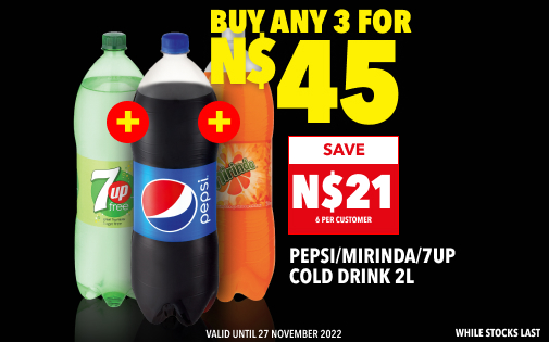 PEPSI/MIRINDA/7UP COLD DRINK 2L, BUY ANY 3 FOR N$45