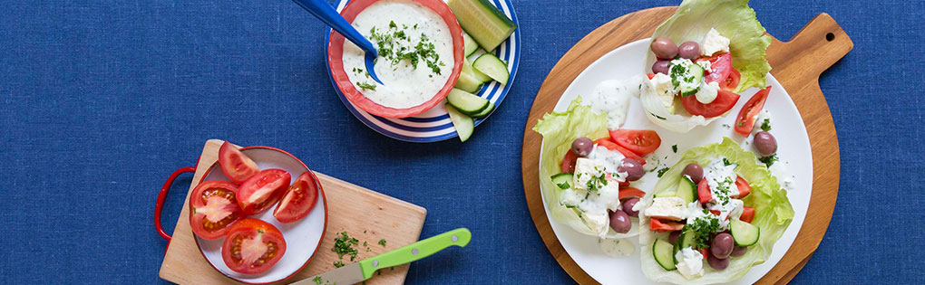 GREEK SALAD CUPS WITH MAAS DRESSING GREEK SALAD CUPS WITH MAAS DRESSING
