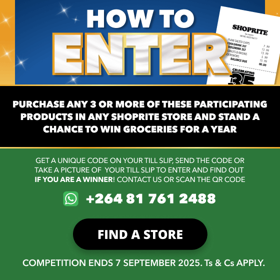 Shoprite Namibia turns 35 and you could win your groceries for FREE for an entire year! Buy 3 participating products, scan your slip and enter on WhatsApp. Offers valid until 7 September 2025. 