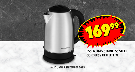 ESSENTIALS STAINLESS STEEL CORDLESS KETTLE 1.7L, 169,99